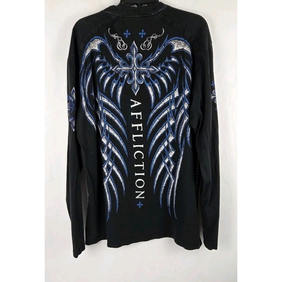 Affliction Shirt Mens XL Gray Henley Long Sleeve Distressed Cross‎ Big Wings - Picture 1 of 6